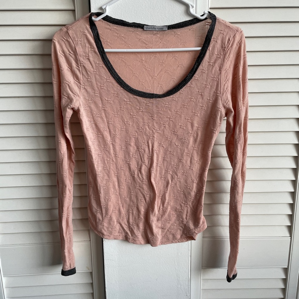 3 FOR $10 SALE - Soft pink flower embroidered textured long sleeve w grey collar